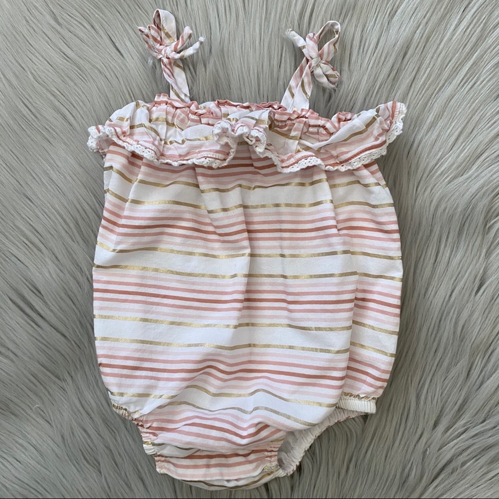 DYLAN & ABBY Spaghetti Strap Striped Ruffle Onesie